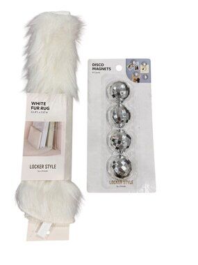 White Fur Rug 11.4"x9.8" & Disco Ball Magnets 4-Pack Locker Style By U Brands